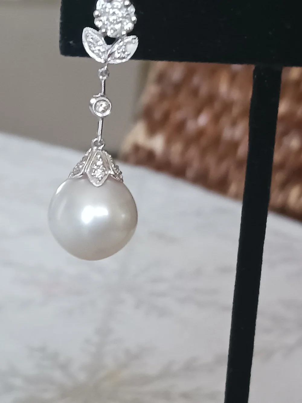 14mm White Tahitian  Pearl Drop Earrings  14k - White Gold Earring .50 White Dia